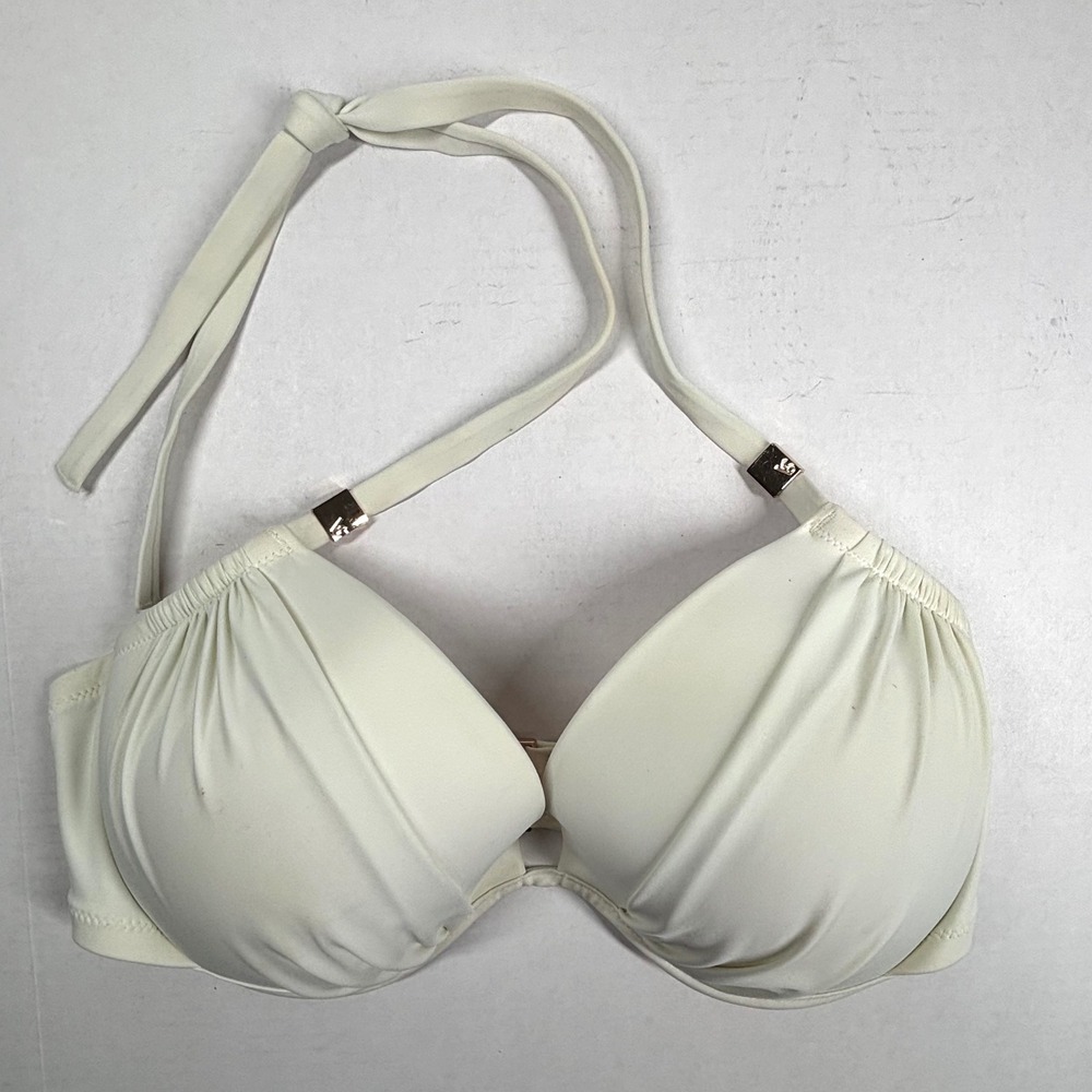 Victorias Secret Y2K White Push Up Halter Bikini Top Gold 36DD Retro Bond Padded